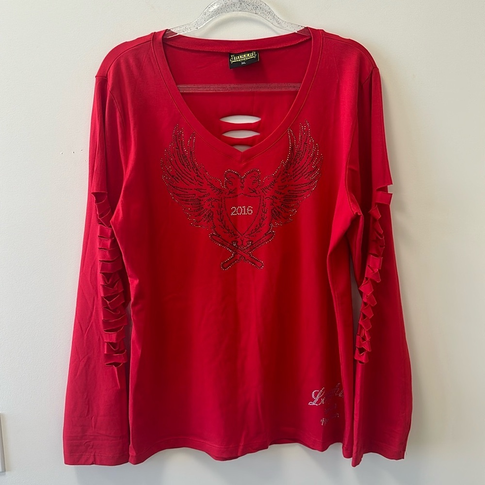 Biker Clothing • Red Long Sleeve Distressed Tee • 2016 Laughlin River Run Sz 3X